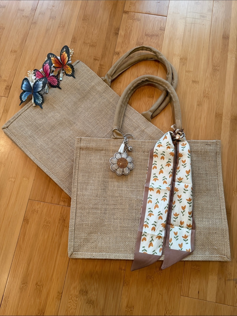 Natural Brown Jute Tote with Bag Charm or Printed Scarf- Choose CHARM!!